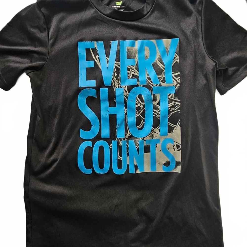 Tek Gear Youth Boys Black Graphic T-Shirt 'Every Shot Counts' Size Large